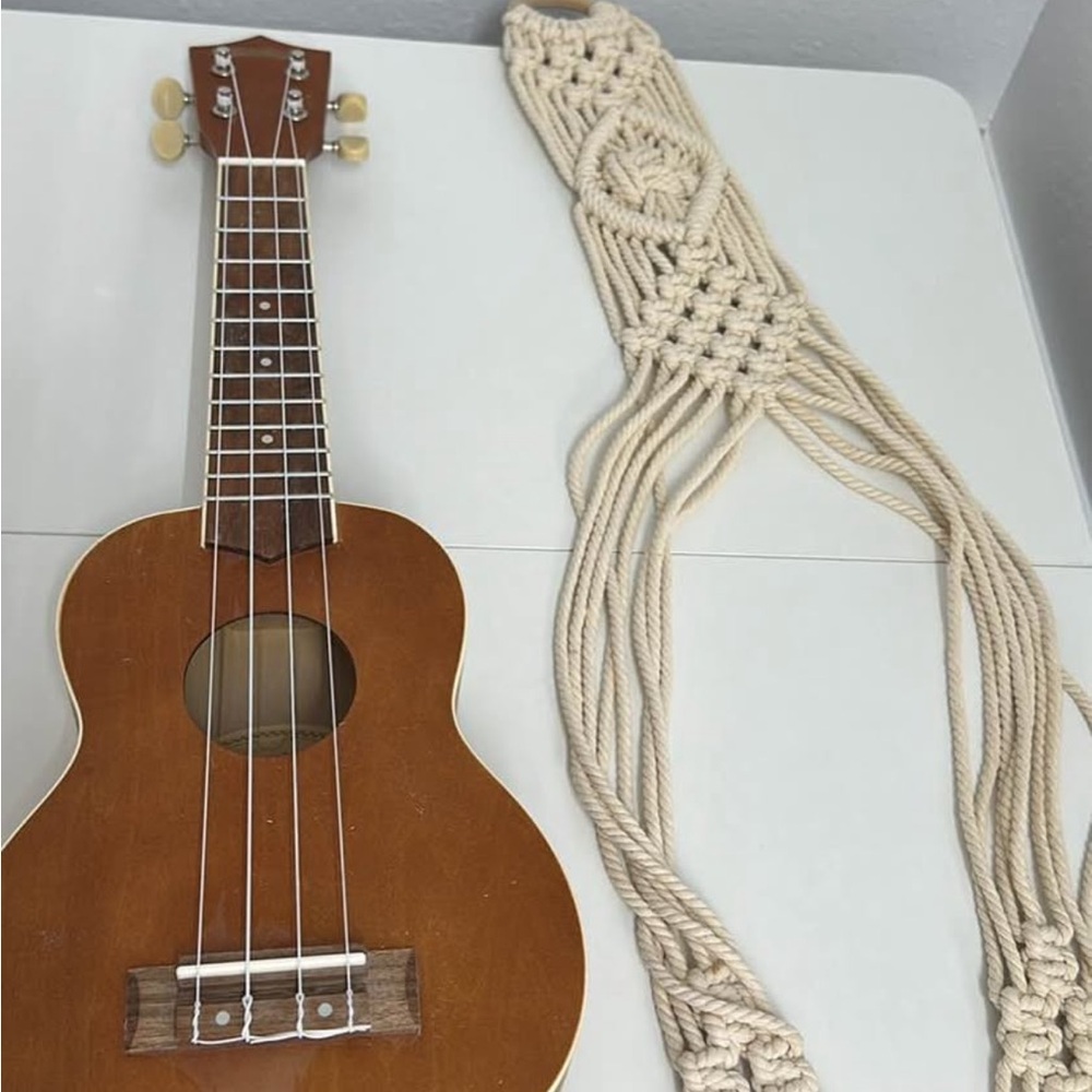 Brown Ukulele with Cream Macrame Strap